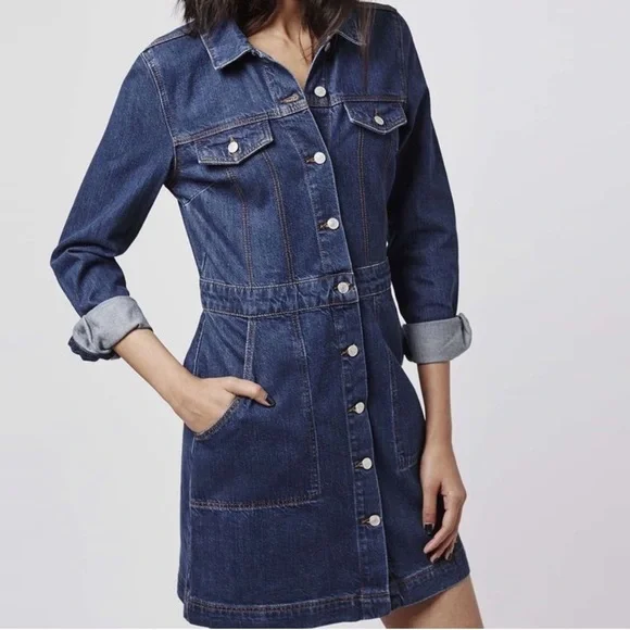 Topshop | Dresses | Topshop Moto Denim Jean Long Sleeve Dress Size |  Poshmark